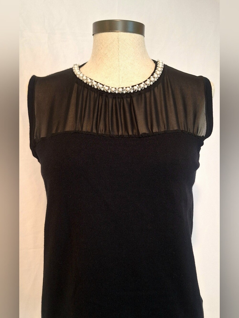 Cable & Gauge Black Sleeveless Knit Top with Sheer Yoke and Beaded Collar